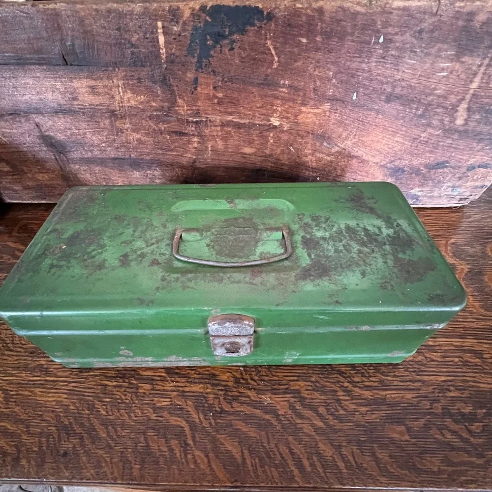 Vintage Climax Green Metal Toolbox Industrial Steel Storage Box Small Chest